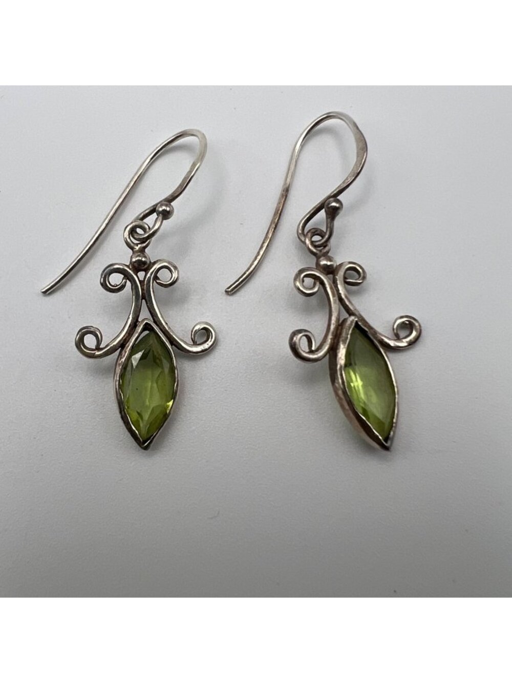 Sterling Silver Dangle Earrings Peridot Marquise 1.25" Scrollwork Boho August